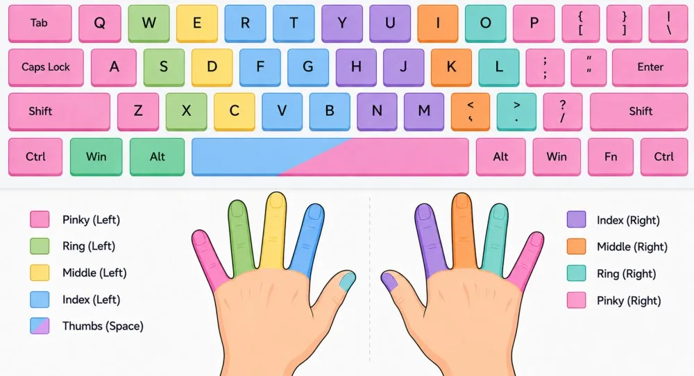 Full finger placement on keyboard for typing