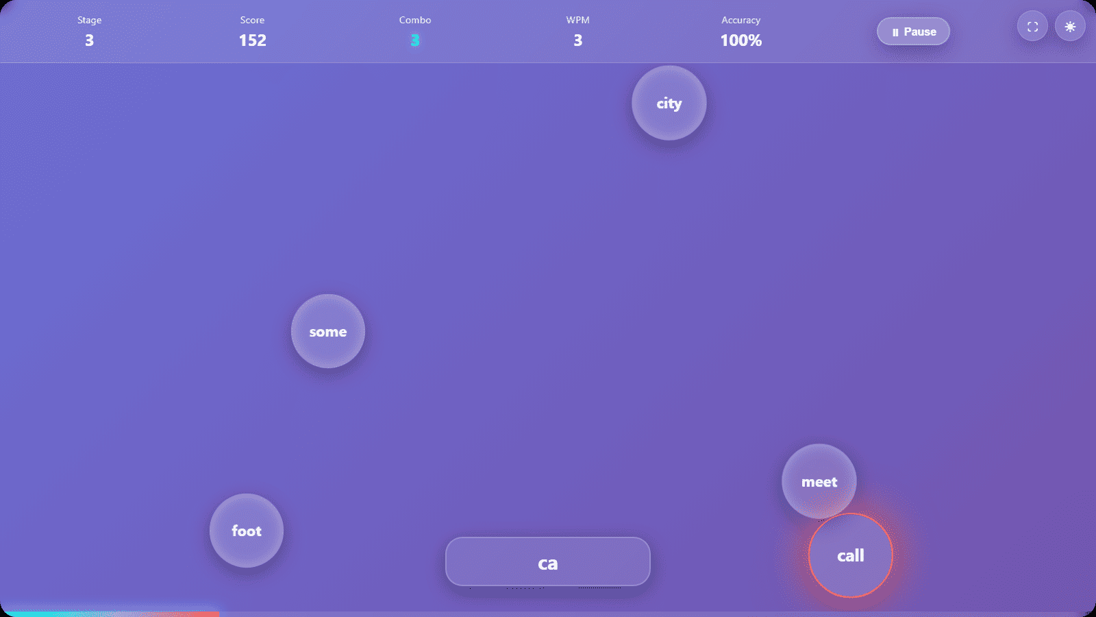 Bubble Typing Game gameplay screenshot showing falling word bubbles